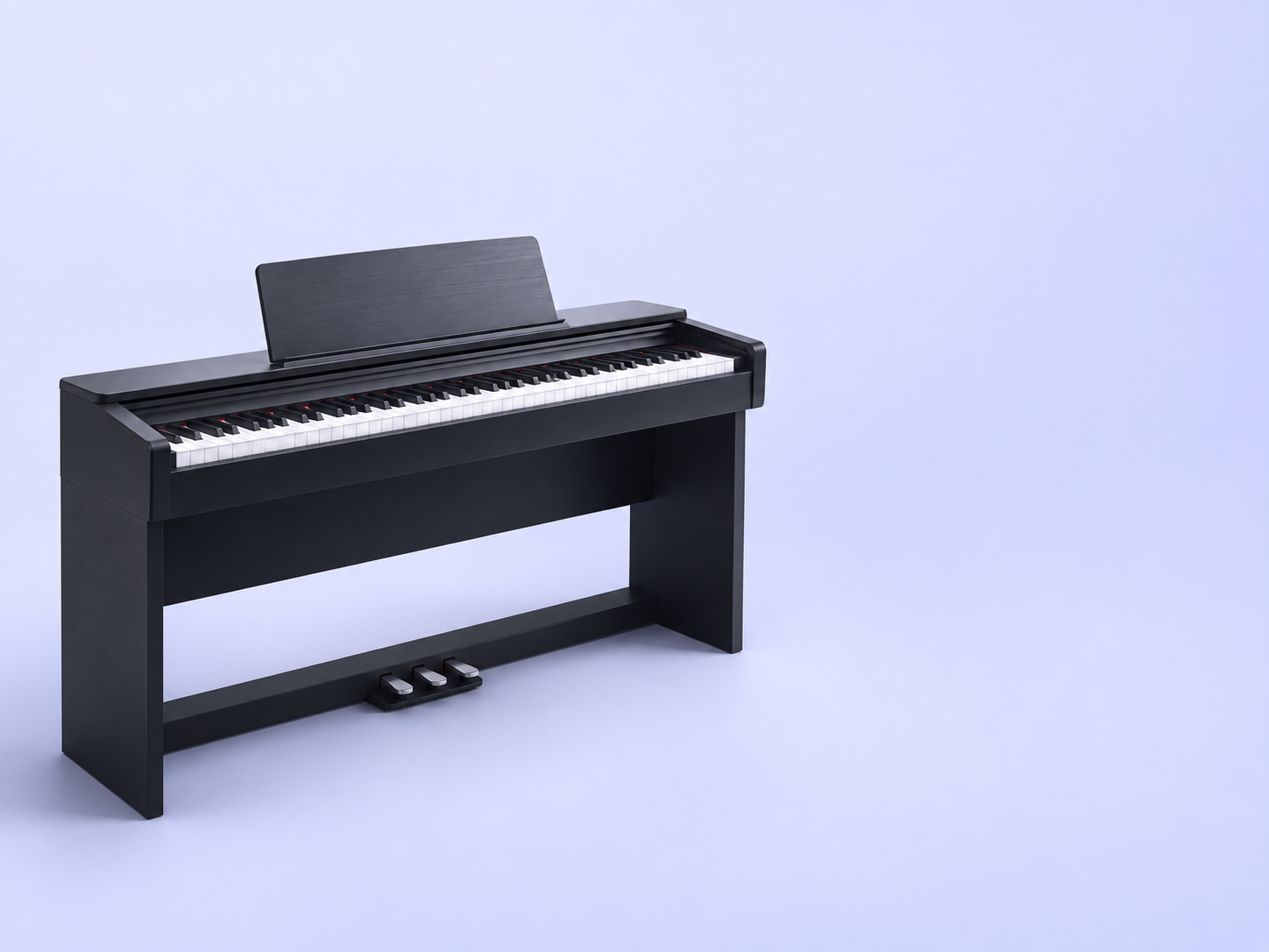 Black console digital piano with music rest and three pedals